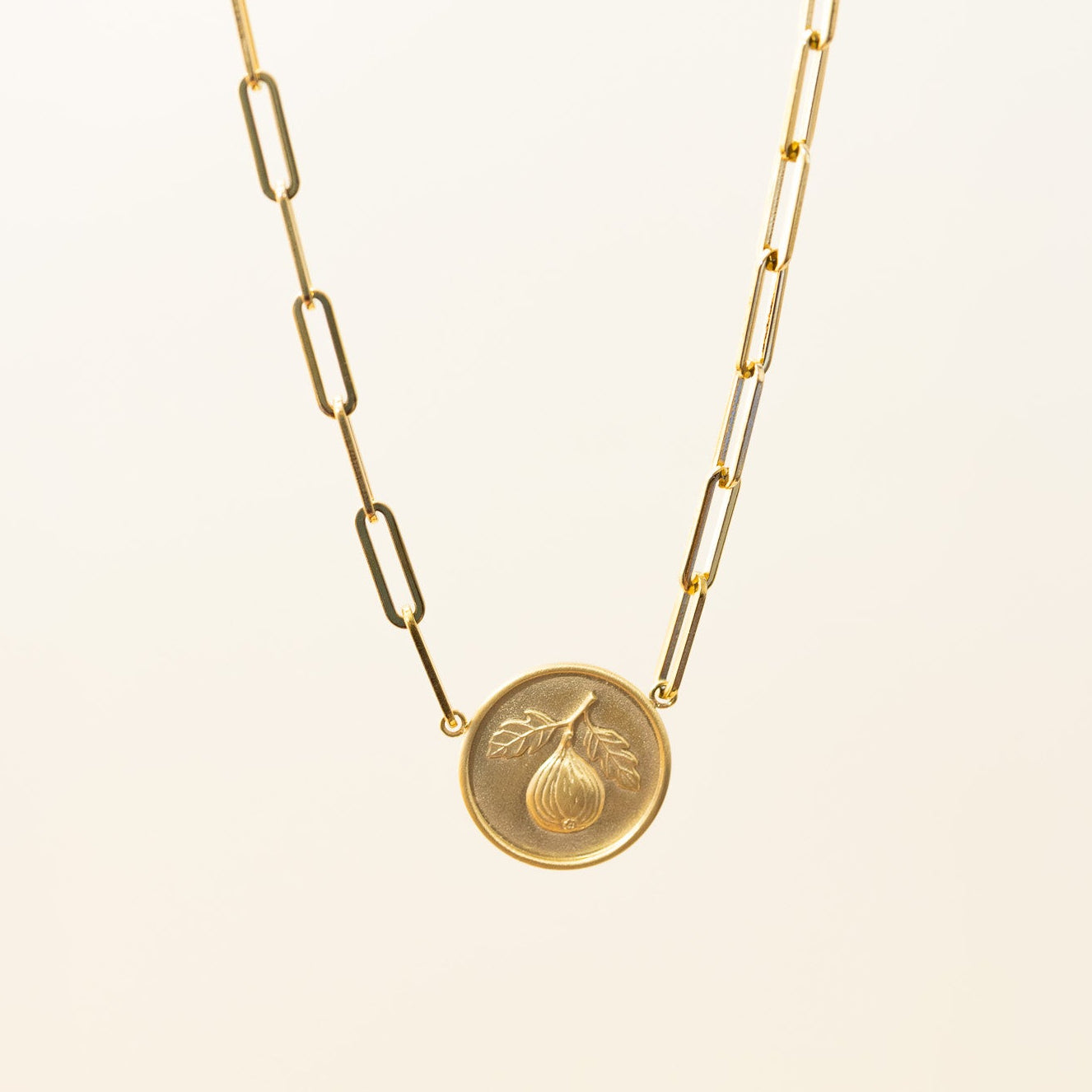 18k gold plated fig necklace with round pendant and gold paperclip chain on a cream background.